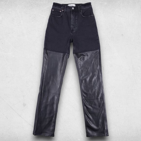 Abercrombie & Fitch Denim - Abercrombie & Fitch Straight Jeans Women 24/00 Black Faux Leather Legs 90s Grung